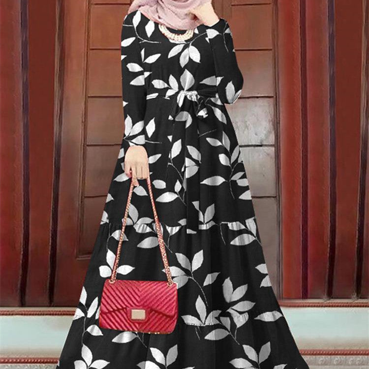 Hijab Round Neck Leaf Patterned Laced Large Swing Dress