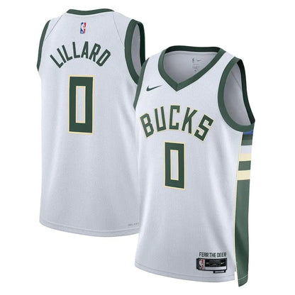 Camiseta blanca de Damian Lillard de los Milwaukee Bucks para hombre