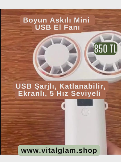 Katlanabilir Taşınabilir Boyun Askılı Minik USB El Fani 5 Seviyeli USB Şarj Edilebilir Ekranlı Fan