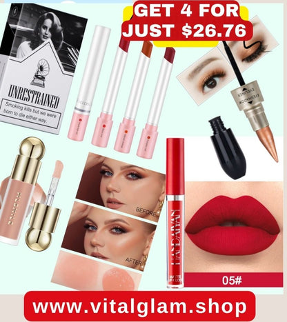 4-Piece SET - 4 Color Lipstick with Cigarette Pack, Blush, Glossy Liquid Lipstick, Double-Sided Eyeshadow and Eyeliner